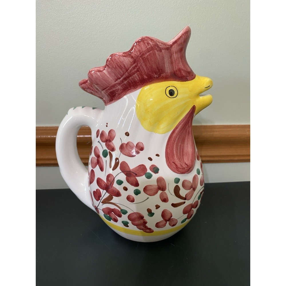 Vintage Deruta Italian Hand Painted Chicken Rooster Ceramic Pitcher Marked Italy